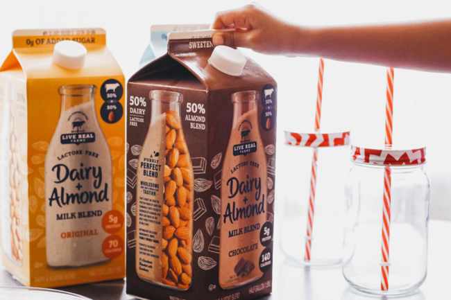 Live real farms dairy plus almond milk in chocolate and original varieties