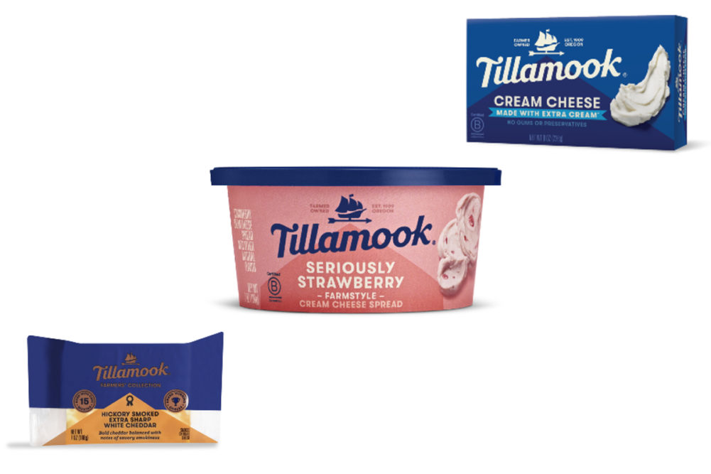 Tillamook Farmers Collection Hickory Smoked White Cheddar Strawberry cream cheese brick cream cheese dairy products cheese