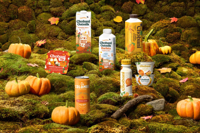 Chobani pumpkin flavor collection seasonal dairy yogurt coffee creamer limited time food industry La Colombe oatmilk